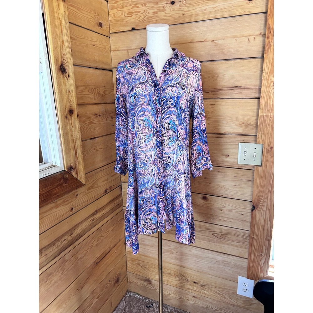Paisley Tunic‎ Dress Womens Medium Blue Pink Asymmetric Sharkbite Hem Cupio